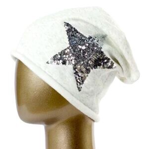 NEW White Silver Sequins Star Faux Fur Lined Beanie Hat